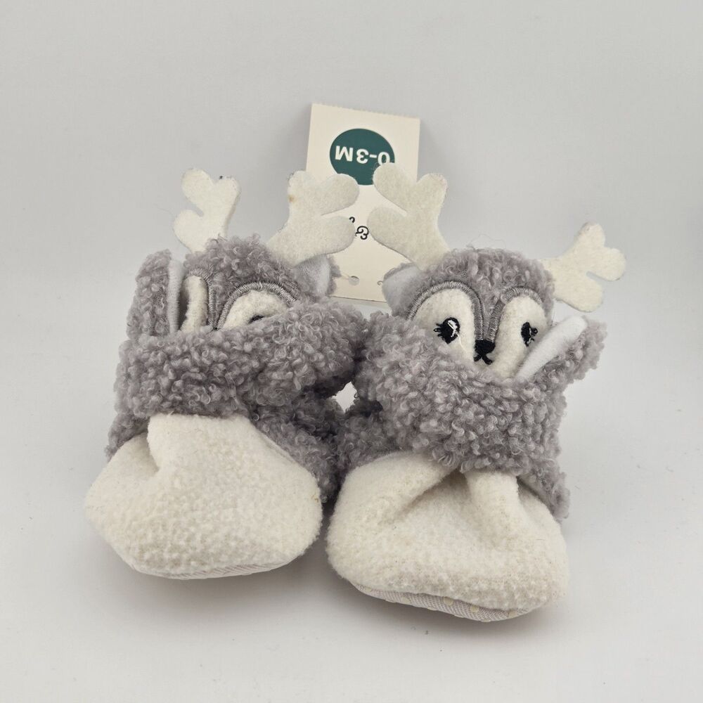 Adorable Gray Reindeer Baby Booties With Non-Slip Soles & Fleece Lining 0-3 mos